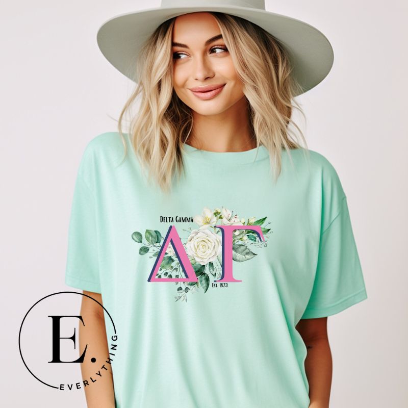 Display your Delta Gamma pride with our sorority t-shirt design! Featuring the sorority letters and the exquisite cream rose on a mint shirt