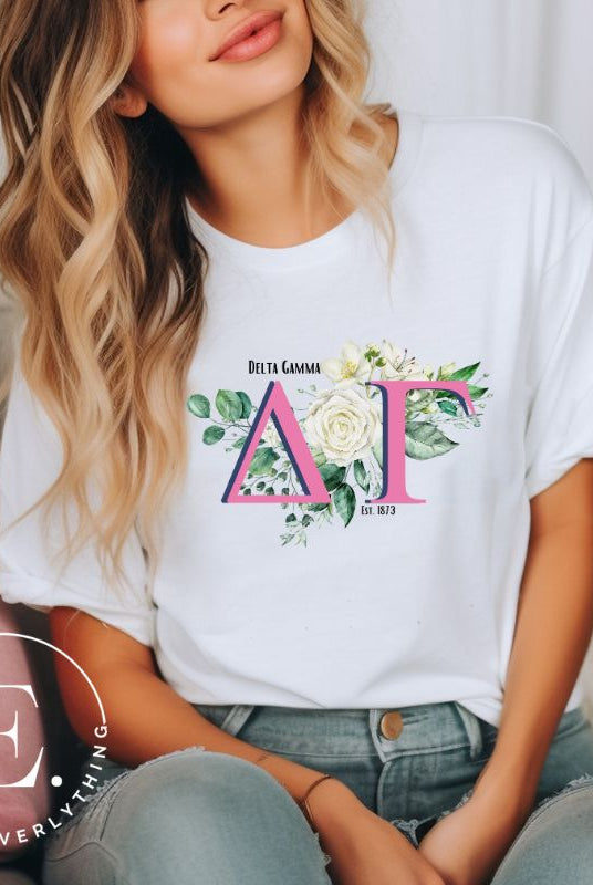 Display your Delta Gamma pride with our sorority t-shirt design! Featuring the sorority letters and the exquisite cream rose on a white shirt. 