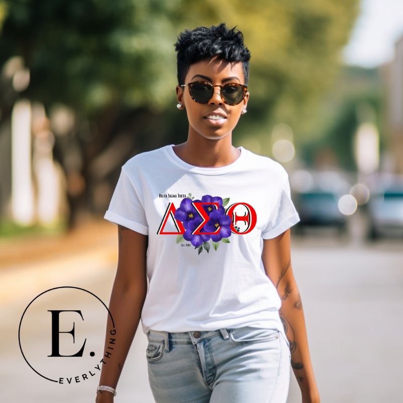 Elevate your Delta Sigma Theta spirit with our exclusive sublimation t-shirt design. The design features the sorority's letters and the beautiful African violet on a white shirt. 