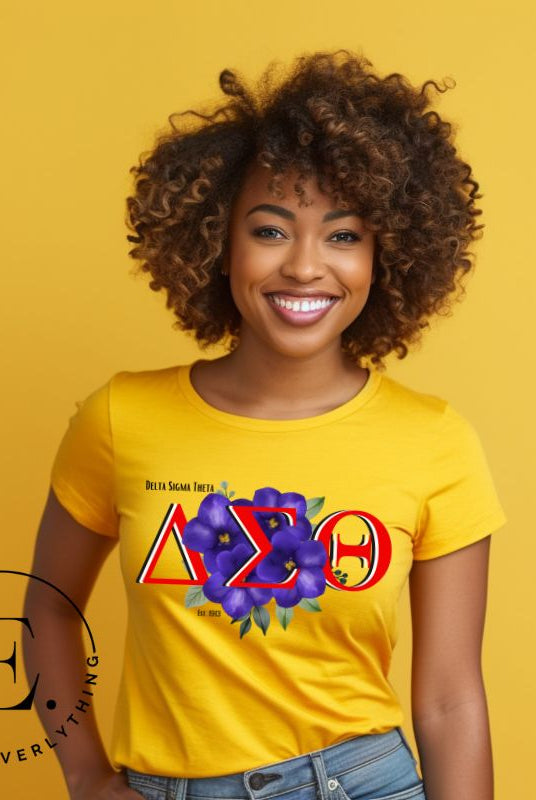 Elevate your Delta Sigma Theta spirit with our exclusive sublimation t-shirt design. The design features the sorority's letters and the beautiful African violet on a yellow shirt. 