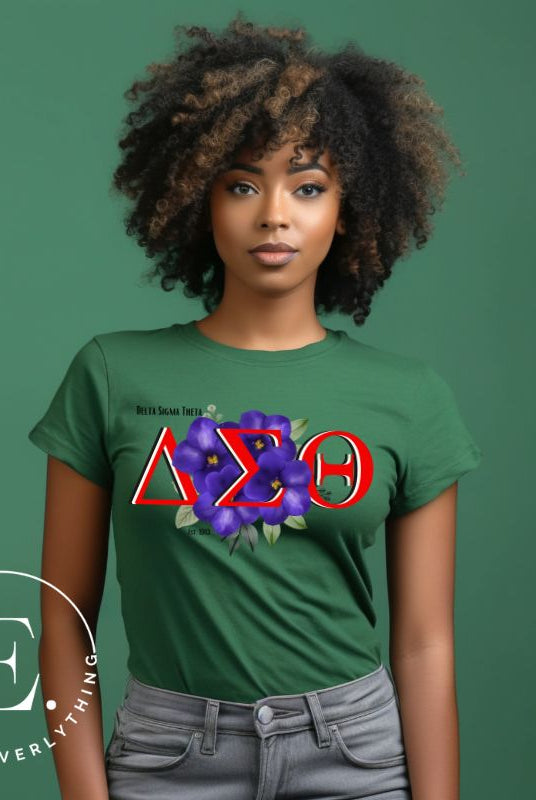Elevate your Delta Sigma Theta spirit with our exclusive sublimation t-shirt design. The design features the sorority's letters and the beautiful African violet on a green shirt. 