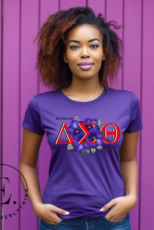 Elevate your Delta Sigma Theta spirit with our exclusive sublimation t-shirt design. The design features the sorority's letters and the beautiful African violet on a purple shirt. 