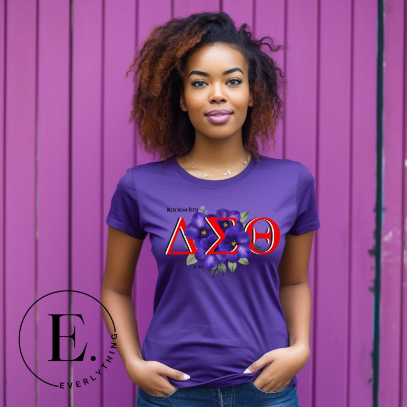 Elevate your Delta Sigma Theta spirit with our exclusive sublimation t-shirt design. The design features the sorority's letters and the beautiful African violet on a purple shirt. 