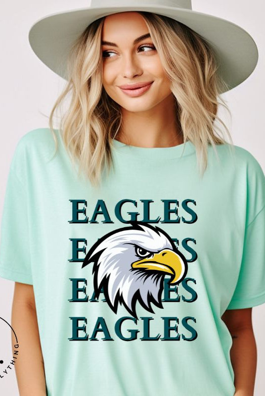 Get ready to soar high with our Bella Canvas 3001 unisex graphic t-shirt! Show your love for the Philadelphia Eagles NFL football team with our "Eagles Eagles Eagles Eagles" tee featuring a majestic American Eagle illustration on a mint shirt. 