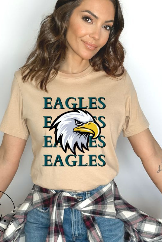 Get ready to soar high with our Bella Canvas 3001 unisex graphic t-shirt! Show your love for the Philadelphia Eagles NFL football team with our "Eagles Eagles Eagles Eagles" tee featuring a majestic American Eagle illustration on a tan shirt. 