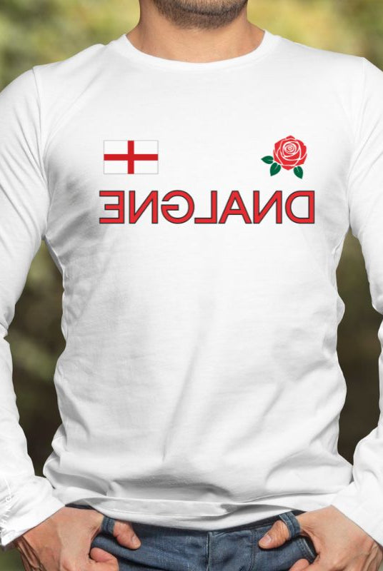 Introducing our England Rugby Backwards Letter Graphic Long Sleeve Shirt - a unique and bold representation of your love for English rugby! This long sleeve shirt features the word "England" spelled with backwards letters, creating an eye-catching and distinctive design that is sure to turn heads on a white shirt. 