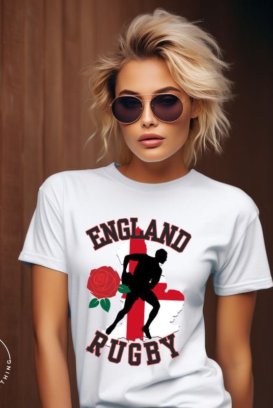 Introducing our England Rugby Graphic T-Shirt - the ultimate fusion of patriotism, rugby pride, and contemporary style! This captivating t-shirt features the words "England Rugby" and the iconic England flag artfully incorporated within the outline of the country, accompanied by a dynamic rugby player graphic on a white shirt. 