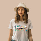 Teacher-themed graphic tee featuring the word 'Teacher' surrounded by all things related to teaching. Perfect for teacher shirts and teacher gifts. White graphic tees. 