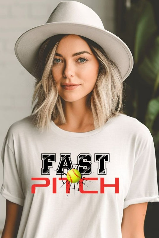 Fast pitch softball graphic tee on a white shirt.