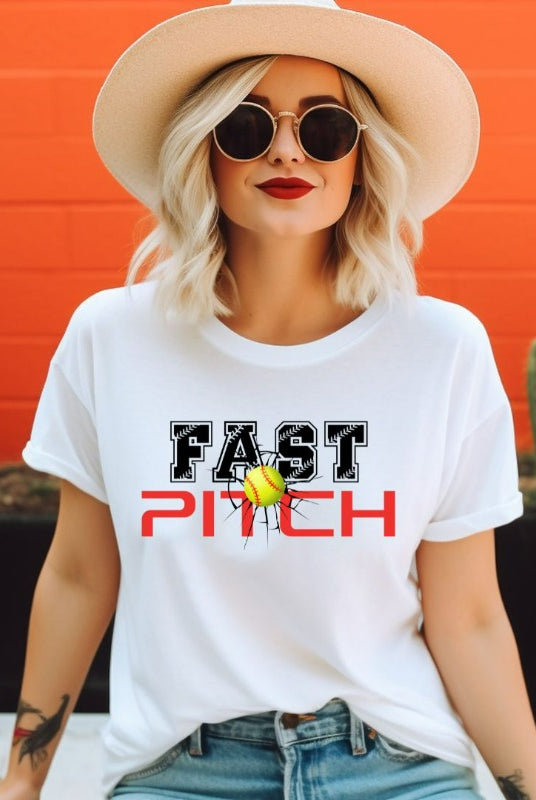 Fast pitch softball graphic tee on a white shirt.