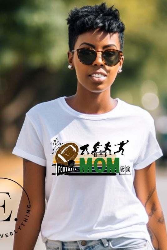 Gear up for game day with our fashionable football mom shirt. Designed for proud moms cheering on their gridiron stars, this shirt is a winning combination of style and comfort. Show off your team spirit and support with pride on a white shirt. 