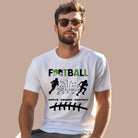 a football-themed design with the word "FOOTBALL" in bold text, accompanied by helmet icons. The design includes silhouettes of football players, a play diagram, and the words "Drive - Desire - Destiny" below on a white shirt. 