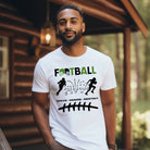 a football-themed design with the word "FOOTBALL" in bold text, accompanied by helmet icons. The design includes silhouettes of football players, a play diagram, and the words "Drive - Desire - Destiny" below on a white shirt.