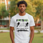 a football-themed design with the word "FOOTBALL" in bold text, accompanied by helmet icons. The design includes silhouettes of football players, a play diagram, and the words "Drive - Desire - Destiny" below on a white shirt.