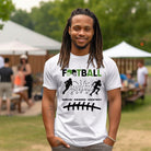 a football-themed design with the word "FOOTBALL" in bold text, accompanied by helmet icons. The design includes silhouettes of football players, a play diagram, and the words "Drive - Desire - Destiny" below on a white shirt.