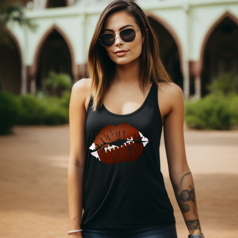 a graphic of lips with football stitching, combining a sporty and chic style, perfect for football enthusiasts on a black tank top