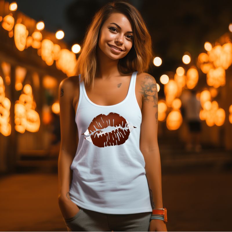 a graphic of lips with football stitching, combining a sporty and chic style, perfect for football enthusiasts on a heather white tank top