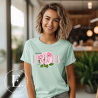 Unleash your Gamma Phi Beta pride with our premium sublimation t-shirt download. Showcasing the sorority's letters and the vibrant pink carnation on a mint shirt