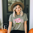 Unleash your Gamma Phi Beta pride with our premium sublimation t-shirt download. Showcasing the sorority's letters and the vibrant pink carnation on an olive shirt .