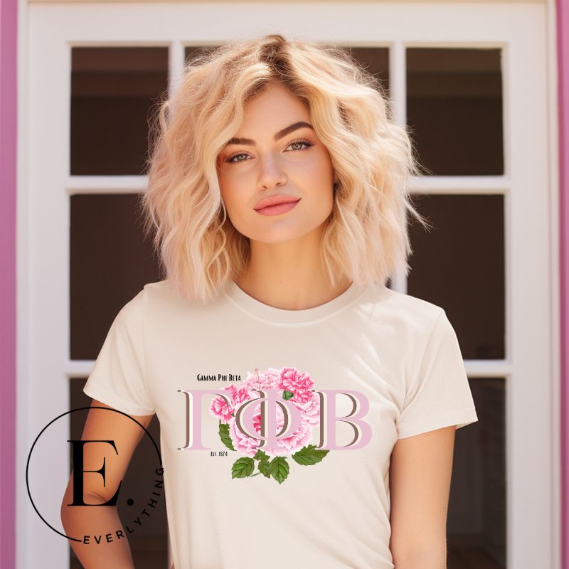 Unleash your Gamma Phi Beta pride with our premium sublimation t-shirt download. Showcasing the sorority's letters and the vibrant pink carnation on a soft cream shirt. 