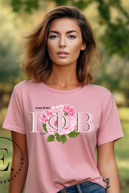 Are you looking for a way to show off your Gamma Phi Beta pride? Look no further than our sorority t-shirt design! Our shirts feature the sorority letters and a beautiful pink carnation, representing the values of sisterhood and beauty that Gamma Phi Beta stands for on a pink shirt. 
