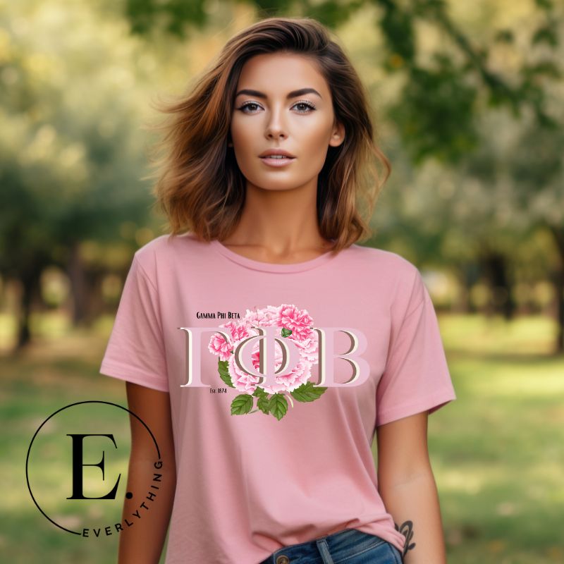 Unleash your Gamma Phi Beta pride with our premium sublimation t-shirt download. Showcasing the sorority's letters and the vibrant pink carnation on a pink shirt. 