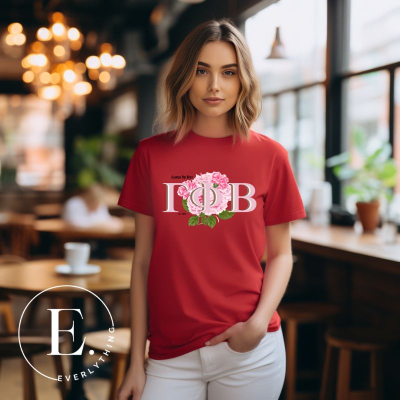 Unleash your Gamma Phi Beta pride with our premium sublimation t-shirt download. Showcasing the sorority's letters and the vibrant pink carnation on a red shirt. 