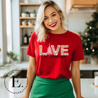 Add a touch of whimsy to your holiday wardrobe with our downloadable Christmas PNG sublimation t-shirt design! The word 'love' is spelled out in adorable gingerbread letters, evoking the warmth and sweetness of Christmas season on a red shirt. 