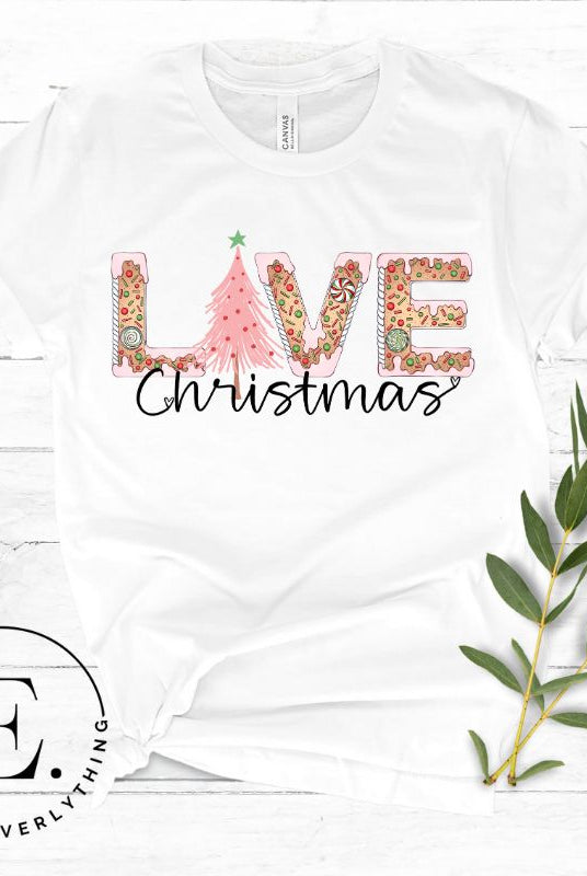 Add a touch of whimsy to your holiday wardrobe with our downloadable Christmas PNG sublimation t-shirt design! The word 'love' is spelled out in adorable gingerbread letters, evoking the warmth and sweetness of Christmas season on a white shirt. 