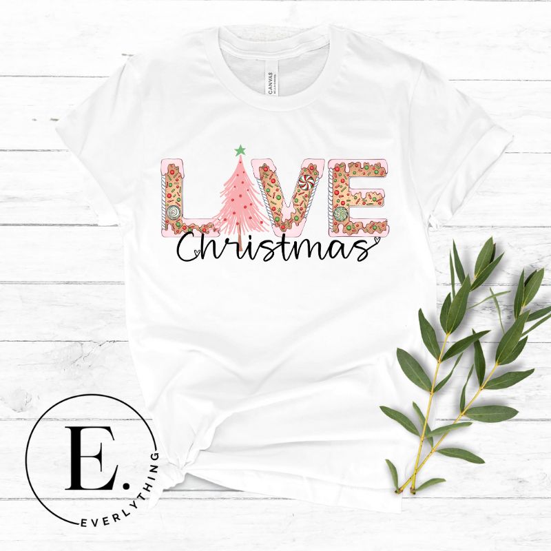 Add a touch of whimsy to your holiday wardrobe with our downloadable Christmas PNG sublimation t-shirt design! The word 'love' is spelled out in adorable gingerbread letters, evoking the warmth and sweetness of Christmas season on a white shirt. 