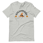 grey t-shirt with a simple Halloween design featuring a witch hat and pumpkins, perfect for spooky season celebrations.