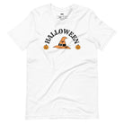 White t-shirt with a simple Halloween design featuring a witch hat and pumpkins, perfect for spooky season celebrations.