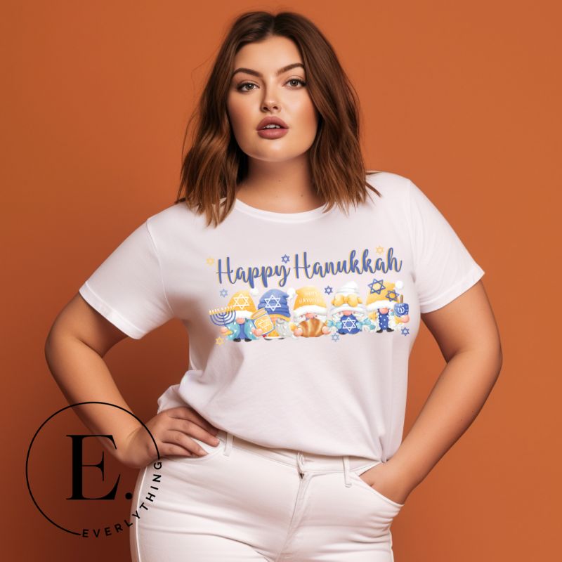 Get ready for Hanukkah with our charming gnome PNG sublimation design! This downloadable artwork features cheerful gnomes celebrating Hanukkah, on a white shirt. 