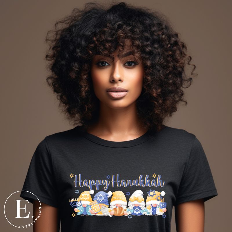 Get ready for Hanukkah with our charming gnome PNG sublimation design! This downloadable artwork features cheerful gnomes celebrating Hanukkah, on a black shirt. 