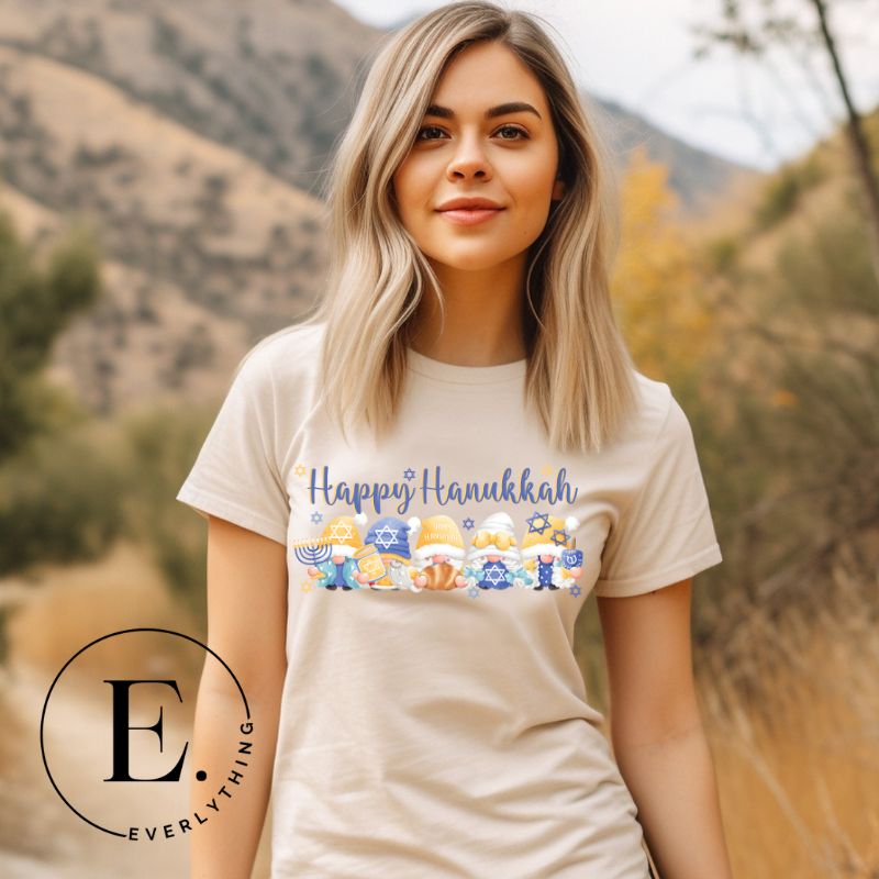 Get ready for Hanukkah with our charming gnome PNG sublimation design! This downloadable artwork features cheerful gnomes celebrating Hanukkah, on a cream shirt. 