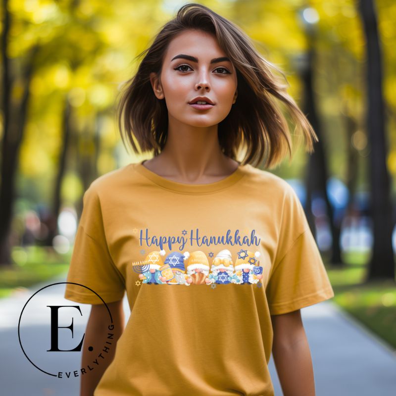 Get ready for Hanukkah with our charming gnome PNG sublimation design! This downloadable artwork features cheerful gnomes celebrating Hanukkah, on a yellow shirt. 
