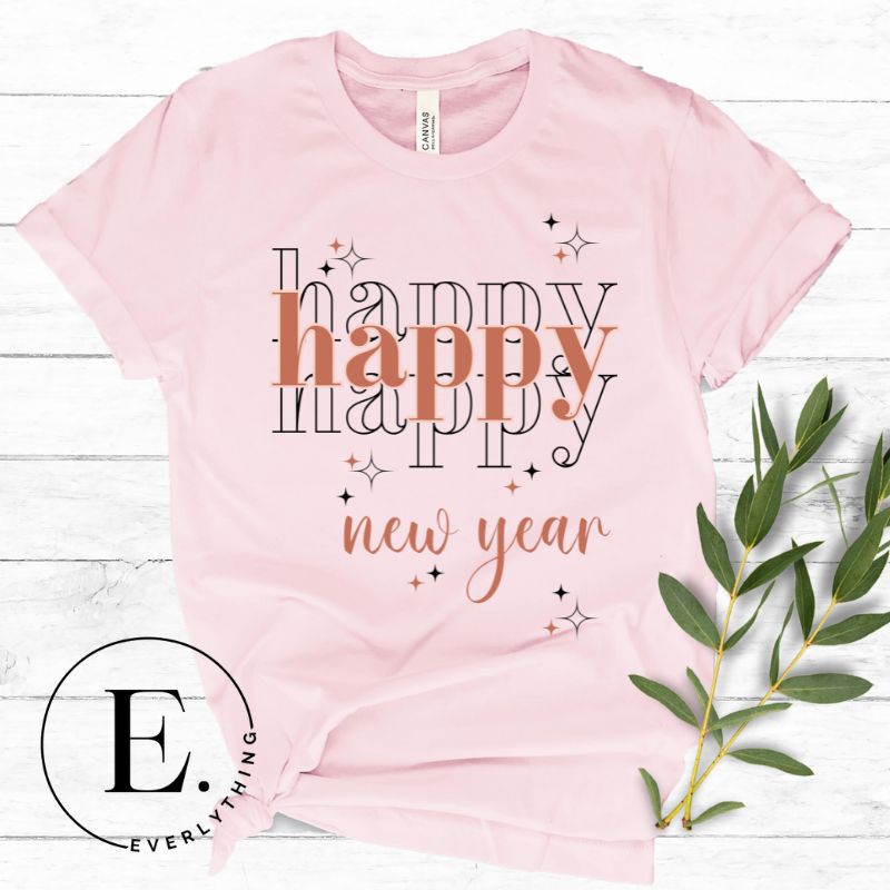 Celebrate in style with our 'Happy Happy Happy New Year' shirt. Embrace the joy of the season with this vibrant design, perfect for ringing in the new year. Crafted with comfort in mind and bursting with festive cheer, on a pink shirt. 