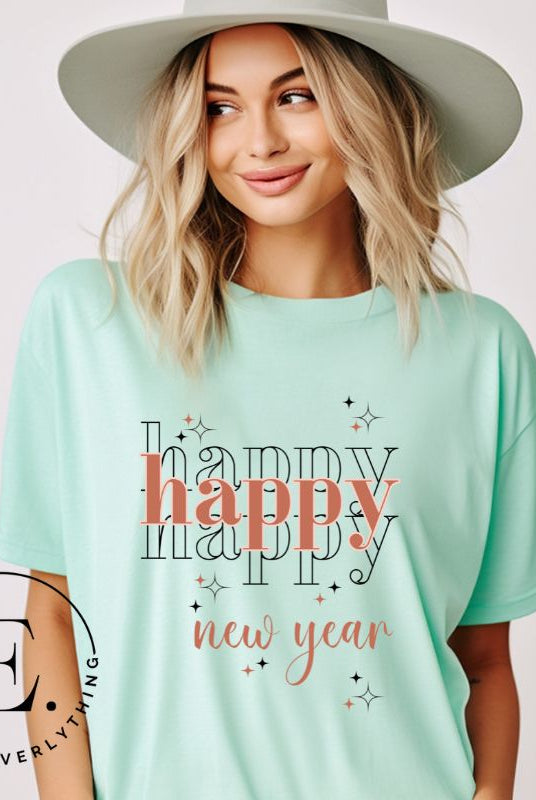 Celebrate in style with our 'Happy Happy Happy New Year' shirt. Embrace the joy of the season with this vibrant design, perfect for ringing in the new year. Crafted with comfort in mind and bursting with festive cheer, on a mint shirt. 