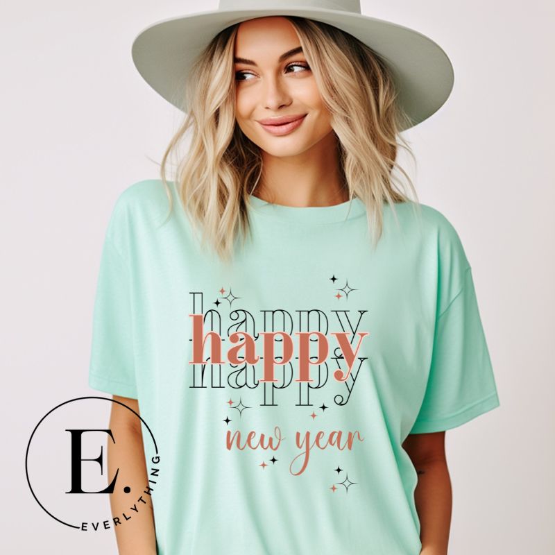 Celebrate in style with our 'Happy Happy Happy New Year' shirt. Embrace the joy of the season with this vibrant design, perfect for ringing in the new year. Crafted with comfort in mind and bursting with festive cheer, on a mint shirt. 