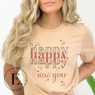Celebrate in style with our 'Happy Happy Happy New Year' shirt. Embrace the joy of the season with this vibrant design, perfect for ringing in the new year. Crafted with comfort in mind and bursting with festive cheer, on a tan shirt. 