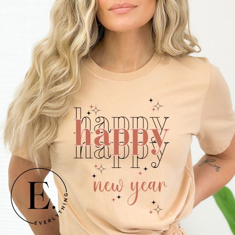 Celebrate in style with our 'Happy Happy Happy New Year' shirt. Embrace the joy of the season with this vibrant design, perfect for ringing in the new year. Crafted with comfort in mind and bursting with festive cheer, on a tan shirt. 