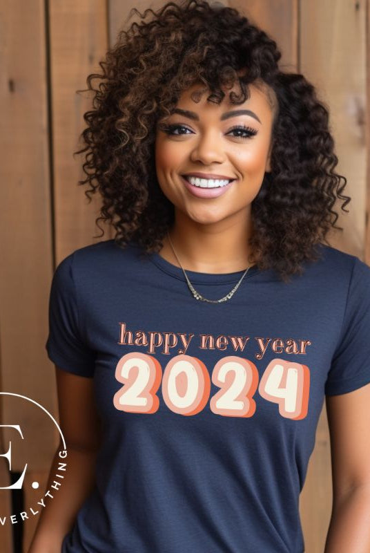 Welcome 2024 in style with our exclusive Happy New Year shirt design! Featuring vibrant graphics and festive typography, this high- quality on a navy shirt. 