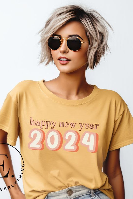 Welcome 2024 in style with our exclusive Happy New Year shirt design! Featuring vibrant graphics and festive typography, this high- quality on a yellow shirt. 