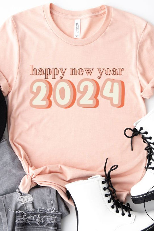Welcome 2024 in style with our exclusive Happy New Year shirt design! Featuring vibrant graphics and festive typography, this high- quality on a peach shirt. 