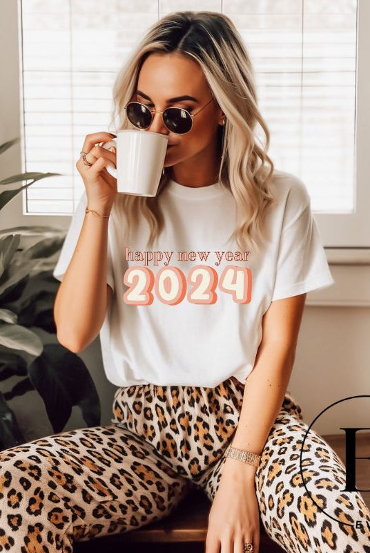 Welcome 2024 in style with our exclusive Happy New Year shirt design! Featuring vibrant graphics and festive typography, this high- quality on a white shirt. 