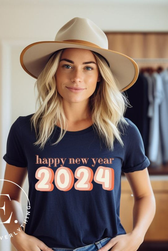 Welcome 2024 in style with our exclusive Happy New Year shirt design! Featuring vibrant graphics and festive typography, this high- quality on a navy shirt. 