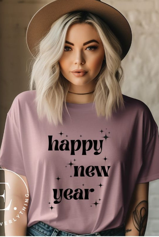 Ring in the New Year with our stunning Happy New Year shirt featuring captivating modern star designs on a purple shirt. 