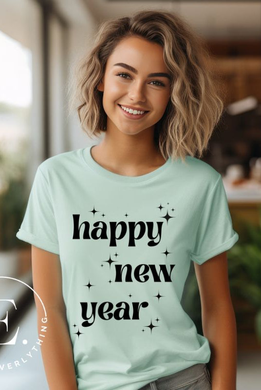 Ring in the New Year with our stunning Happy New Year shirt featuring captivating modern star designs on a mint shirt. 