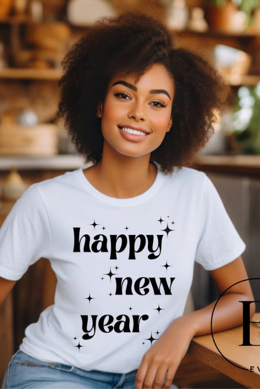 Ring in the New Year with our stunning Happy New Year shirt featuring captivating modern star designs on a white shirt. 