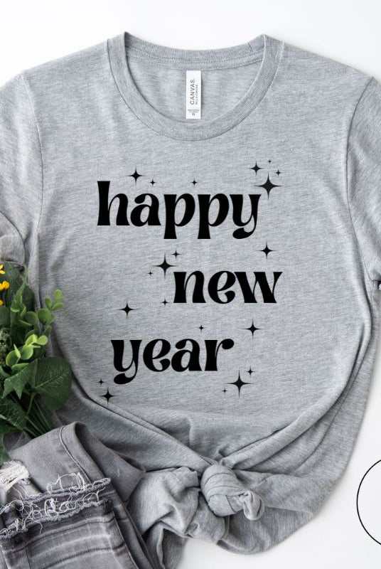 Ring in the New Year with our stunning Happy New Year shirt featuring captivating modern star designs on a grey shirt. 
